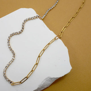 18K gold plated stainless steel tennis necklace with rhinestone stations and paper clip chain links - tarnish free adjustable necklace