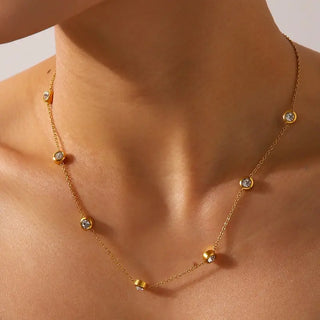 18K gold plated stainless steel necklace with rhinestone charm stations and gold edge detailing - tarnish free adjustable necklace