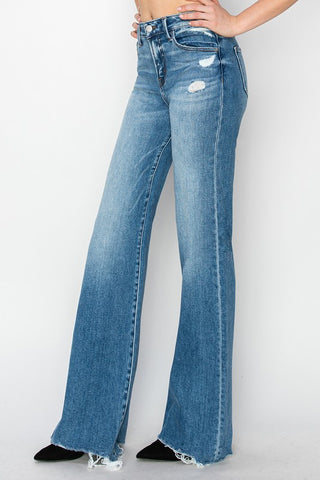 Risen Mid Rise Wide Leg Distressed Hem Jeans