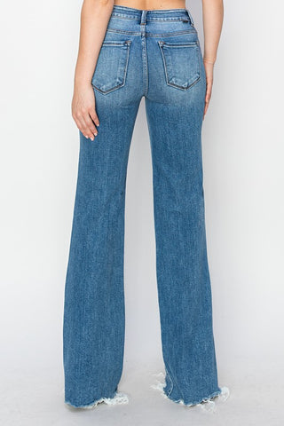 Risen Mid Rise Wide Leg Distressed Hem Jeans