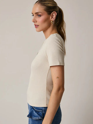 Side view of cropped-ribbed- tee showing flattering fitted shape.