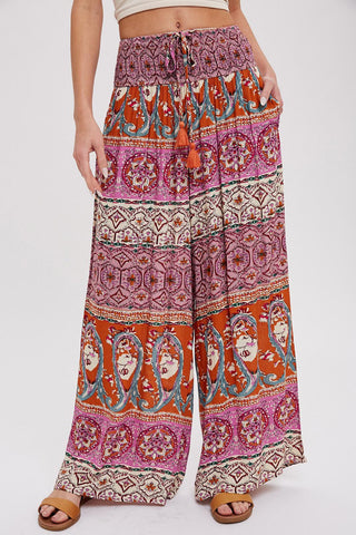 Boho Smocked Waist Wide Leg Pants