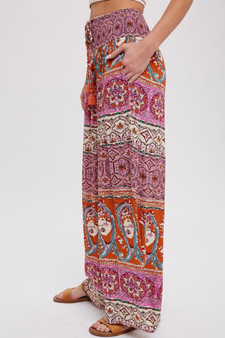 Boho Smocked Waist Wide Leg Pants