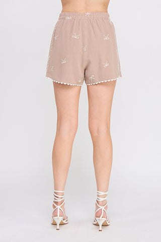 Bow Embroidered Linen Shorts