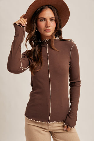 Cabbage Hem Ribbed Long Sleeve Top