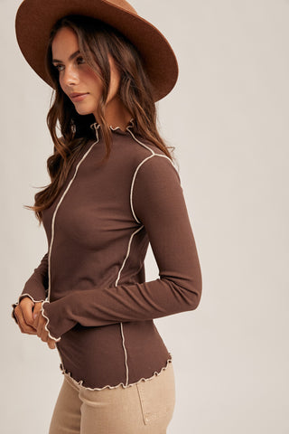 Cabbage Hem Ribbed Long Sleeve Top