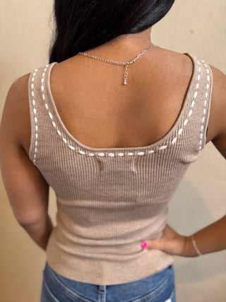 Chloe Contrast Stitch Luxe Sweater Tank in taupe - back view showing lightweight knit fabric