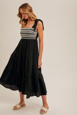 Crochet Bust Shoulder Tie Tiered Midi Dress