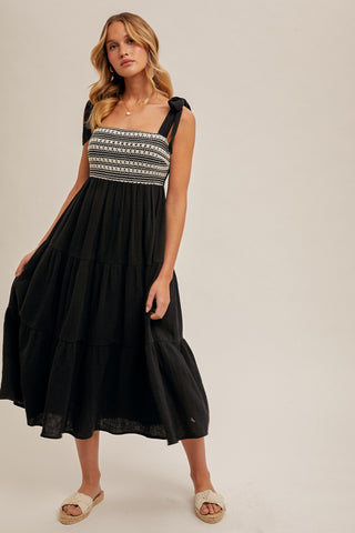 Crochet Bust Shoulder Tie Tiered Midi Dress