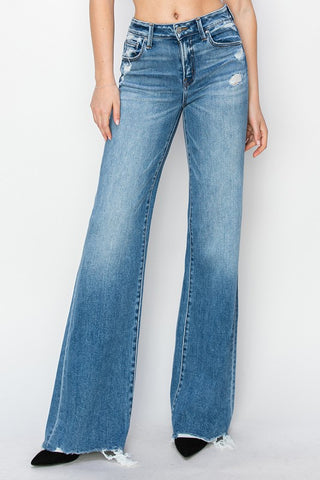 Risen Mid Rise Wide Leg Distressed Hem Jeans