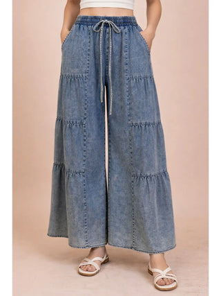 Emma Tiered Wide Leg Palazzo Chambray Pants