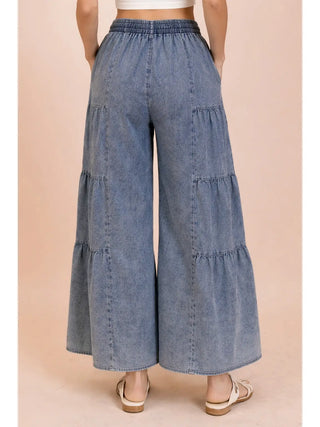 Emma Tiered Wide Leg Palazzo Chambray Pants