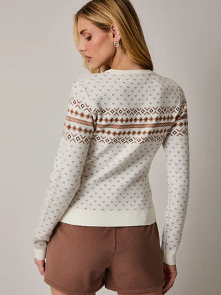 Back view of fitted fair isle sweater showing all-over knit pattern