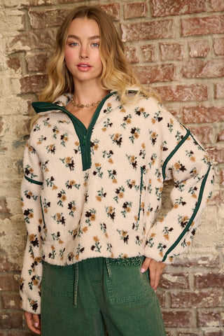 Flower Print Fleece Half Zip Pullover