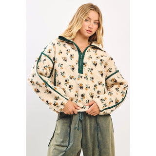 Flower Print Fleece Half Zip Pullover