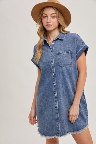 Frayed Hem Denim Shirt Dress