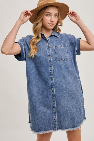 Frayed Hem Denim Shirt Dress