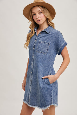 Frayed Hem Denim Shirt Dress