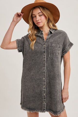 Frayed Hem Denim Shirt Dress