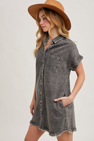 Frayed Hem Denim Shirt Dress