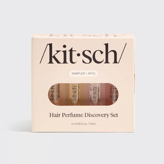 Front view of the Kitsch Hair Perfume Discovery Set retail box labeled 'Sampler | 4PCS,' showing the four mini perfume vials inside the window.