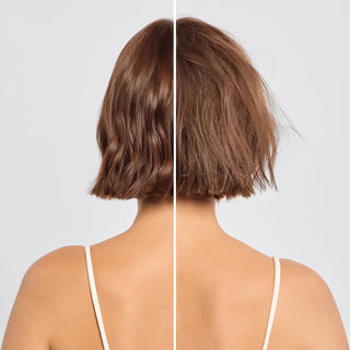 Side-by-side comparison of a woman's shoulder-length brown hair on a plain background after using Kitsch Heat Protectant Mist