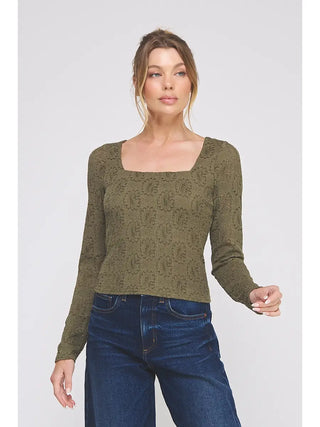 Lace Long Sleeve Square Neck Top