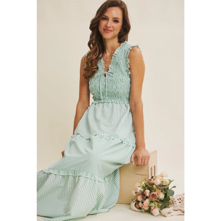 Detail of Kelly Green and White mixed stripe pattern on smocked dress