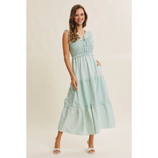 Mixed stripe midi dress showing flattering silhouette and midi length