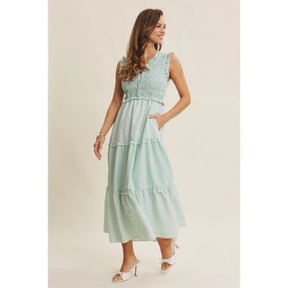 Kelly Green and White striped Easter dress - side view with pockets