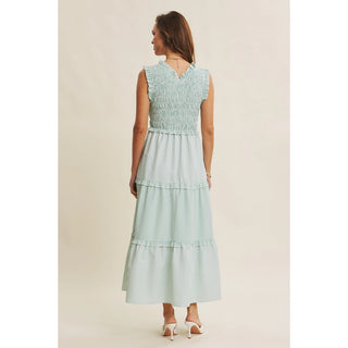 Mixed Stripe Smocked Midi Dress - back view showing midi length