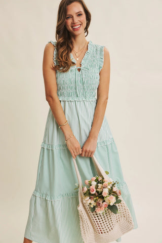 Mixed Stripe Smocked Midi Dress in Kelly Green and White - front view