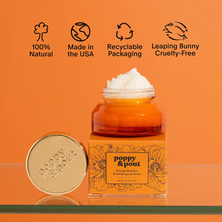 Poppy & Pout lip scrub packaging highlighting natural and cruelty-free ingredients