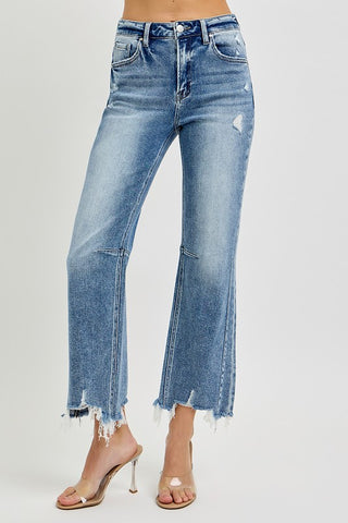 Risen Crop Straight Distressed Hem Jeans