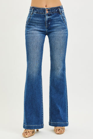 High rise, medium wash, flare jeans with double button closure and structured waistband, shown from the front.