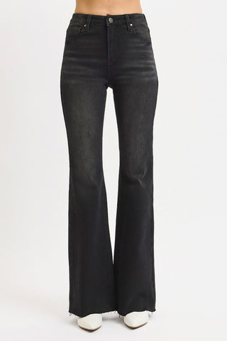 Risen High Rise Flare Raw Cut Hem Jeans