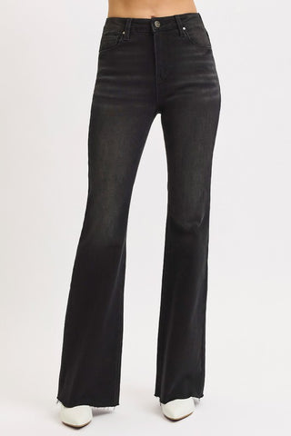 Risen High Rise Flare Raw Cut Hem Jeans
