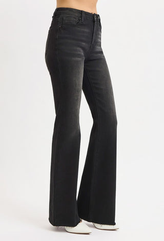 Risen High Rise Flare Raw Cut Hem Jeans