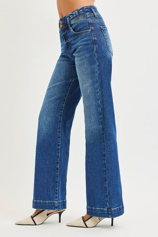 Side view of wide leg jeans showing structured fit and stretch denim