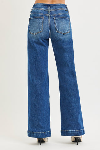 Back view of high rise wide leg jeans with classic pocket design