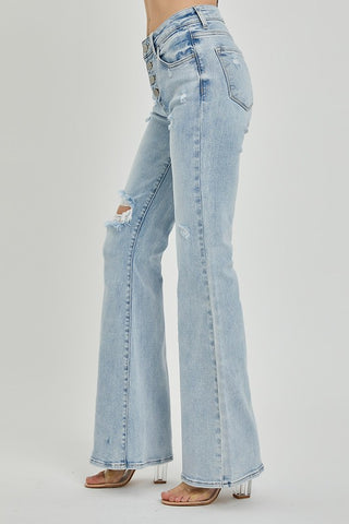 Side view of Risen distressed flare jeans showing flattering mid-rise fit