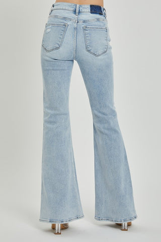 Back view of Risen Mid Rise Button Down Flare Jeans with subtle fading and pocket detail
