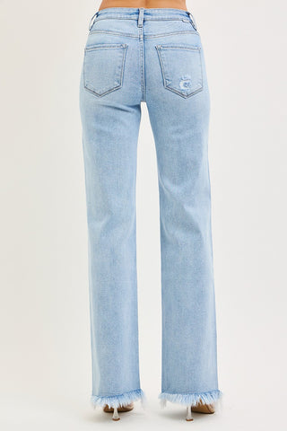 Back view of light wash straight leg jeans with classic pocket design.