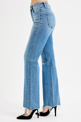 Risen Tummy Control High Rise Wide Raw Cut Jeans