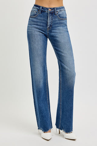 Risen Tummy Control High Rise Wide Raw Cut Jeans