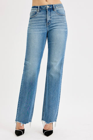 Risen Tummy Control High Rise Wide Raw Cut Jeans