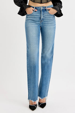 Risen Tummy Control High Rise Wide Raw Cut Jeans