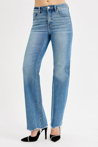 Risen Tummy Control High Rise Wide Raw Cut Jeans