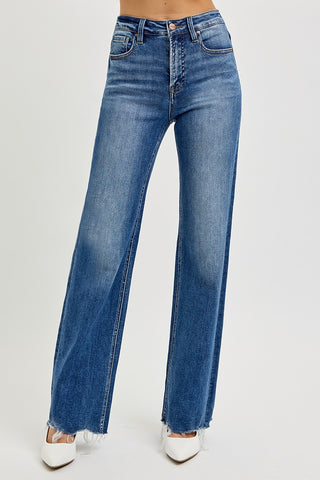 Risen Tummy Control High Rise Wide Raw Cut Jeans