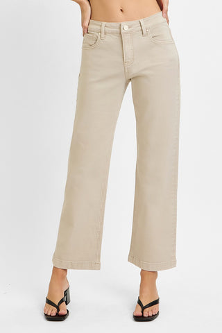 Front view of neutral beige tummy control straight leg jeans.
